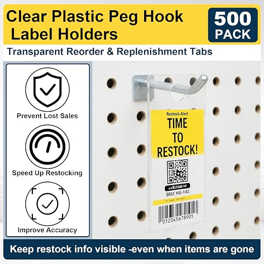 500 Pcs Clear Plastic Peg Hook Label Holders 3.25" X1.25" Clear UPC Tag & - Image 4