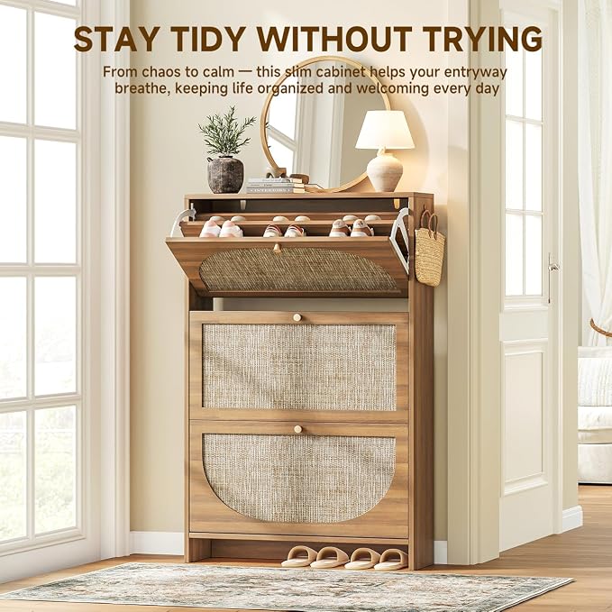 Nicetree Shoe Storage Cabinet for Entryway, Slim Arched Rattan Accent Shoe - Image 6