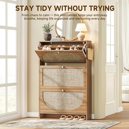 Nicetree Shoe Storage Cabinet for Entryway, Slim Arched Rattan Accent Shoe - Image 6