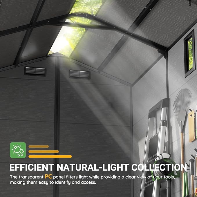 6 x 8 FT Resin Shed with Floor & Skylight, 14MM Thick Panel Storage Shed | - Image 3