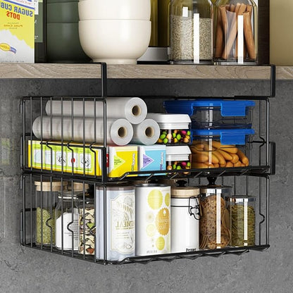 Hanging Under Shelf Storage Basket, 2 Pack Foldable Under Cabinet Metal Desk - Image 6