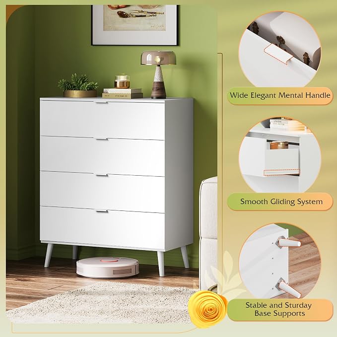 WLIVE 4 Drawer Dresser for Bedroom, Wooden White Tall Dresser, Modern Dressers - Image 6