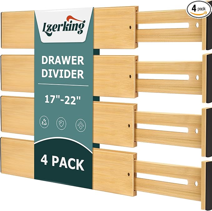 Lzerking Kitchen Drawer Dividers 4 Pack, Adjustable Bamboo Drawer Organizer by Lzerking