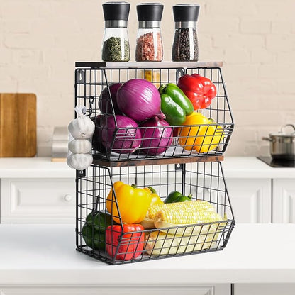 Mefirt Fruit Bowl, Stackable Wall Mounted Fruit Basket of Smooth Wood Lid - Image 5