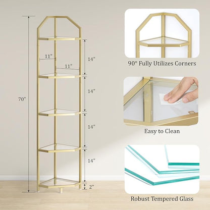 5-Tier Corner Shelf Stand, Bathroom Storage Rack Shelf, Plant Rack, Tempered - Image 3