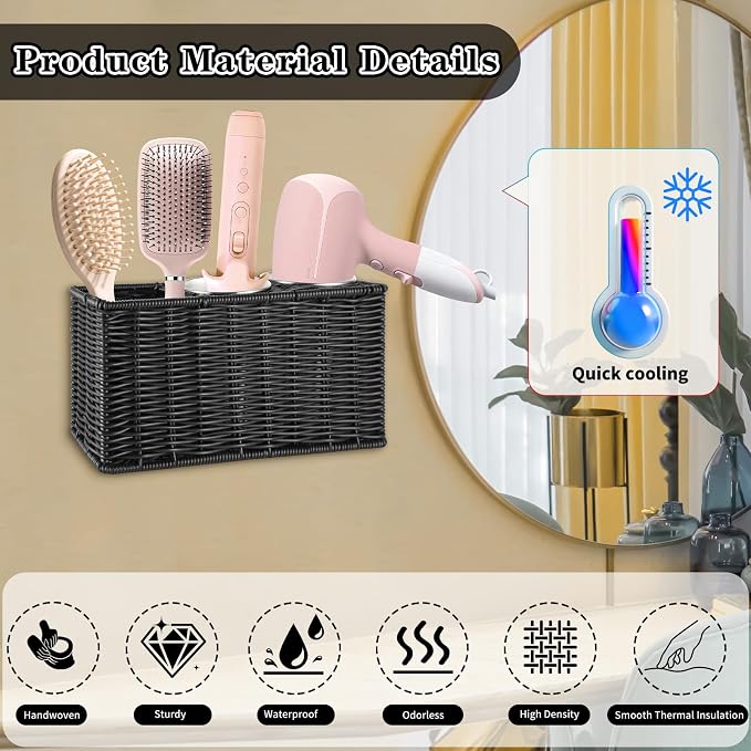 Hair Tool Organizer, Wall Mount Curling Iron Holder, Waterproof Wicker Hot - Image 3