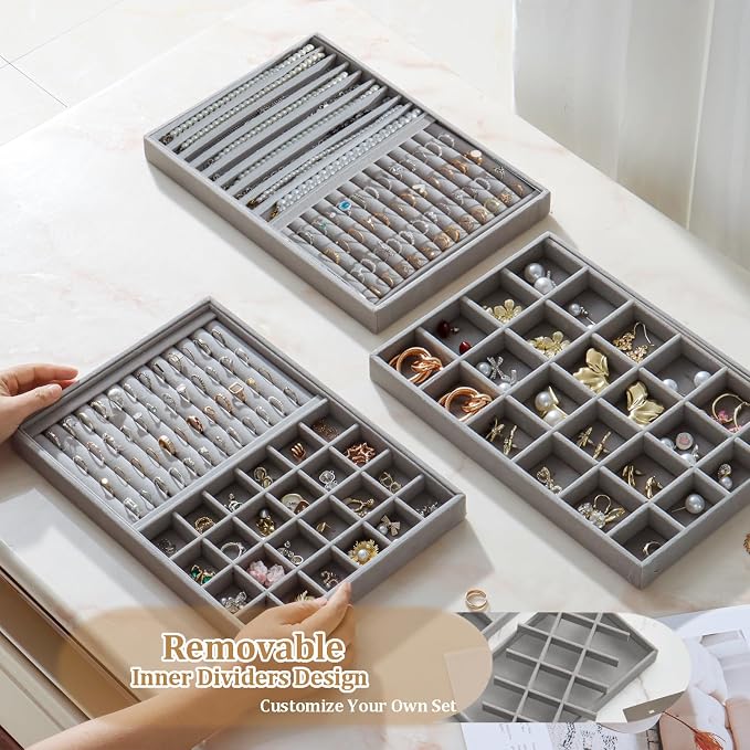 Large Jewelry Drawer Organizer Trays Set of 4, Stackable Velvet Jewelry Trays - Image 3