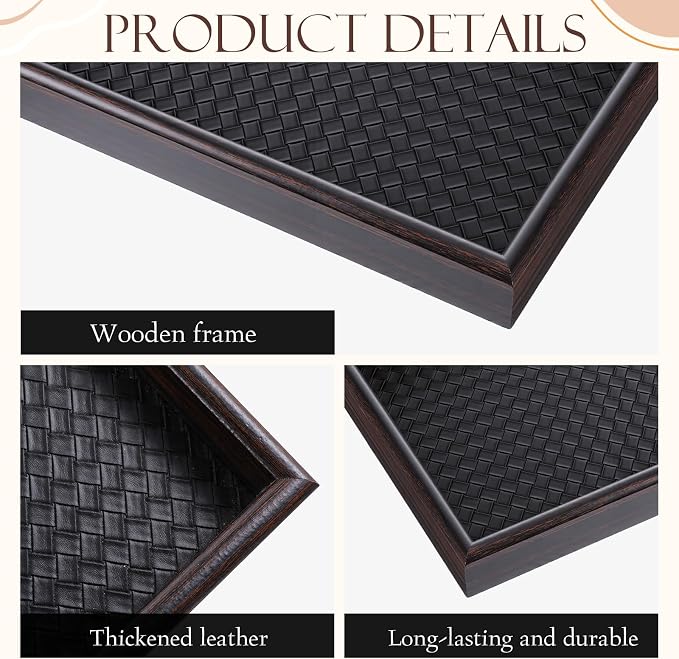 2Pcs Wooden Valet Tray with Leather Base, 11.8 x 7.87inches Entryway Bedside - Image 3