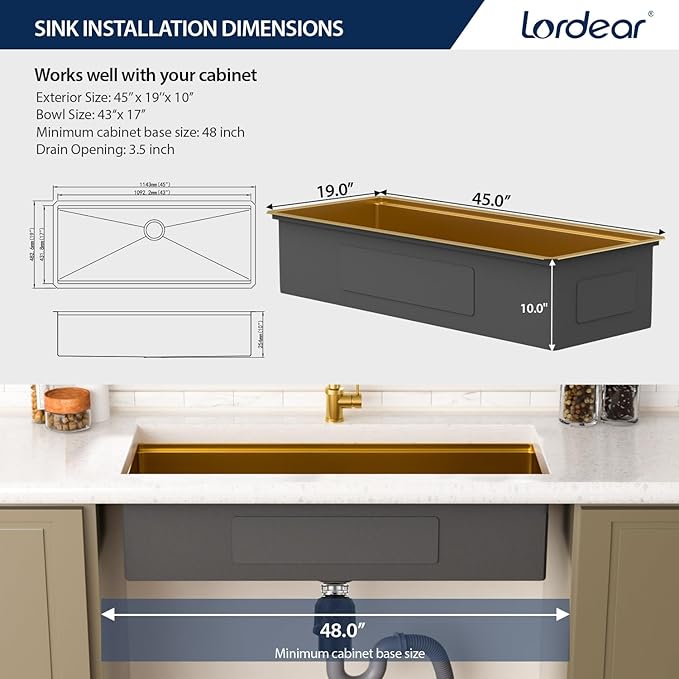 Lordear Luxury 45 Inch Kitchen SInk Gold Undermount Kitchen Sink Large Ledge - Image 6
