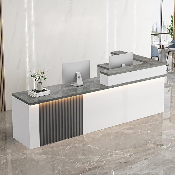 Receptionist Desk with LED Light，Wooden Salon Checkout Counter with Storage by Unknown