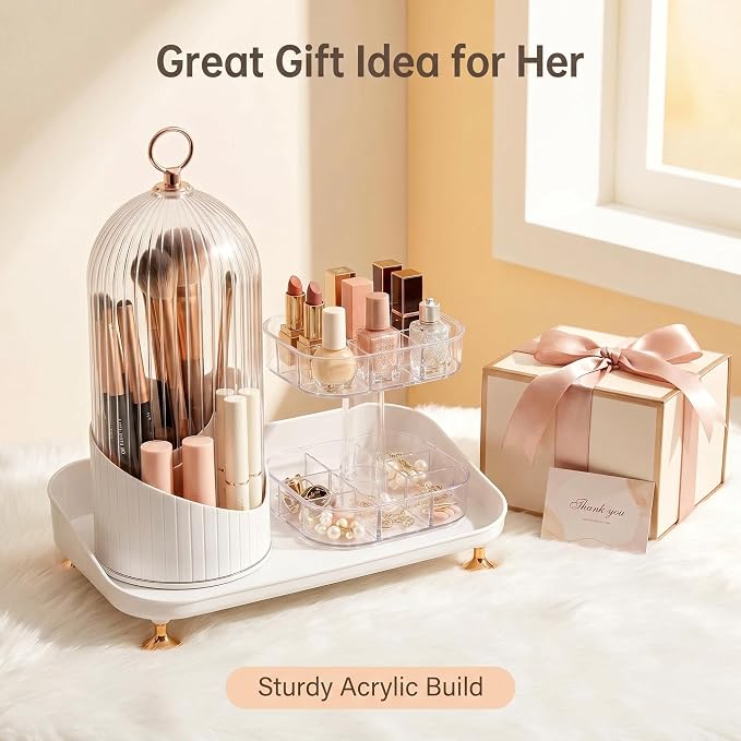 Makeup Brush Holder with Lid, 360 Rotating 3-in-1 Acrylic Organizer - Image 9