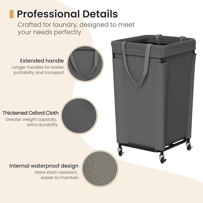 Laundry Basket with Wheels, Large Laundry Hamper with Removable Bag and Steel - Image 7