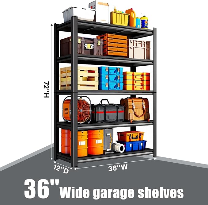 36" W Storage Shelves 5 Tier Garage Shelving Heavy Duty Shelving 2000 LBS - Image 2