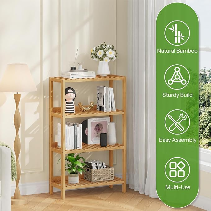 HOOBRO Bamboo Storage Shelf, 4-Tier Freestanding Shelving Unit, 23.6 x 10.2 x - Image 5