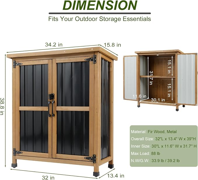 Ketive Outdoor Storage Cabinet, Wood & Metal Small Garden Tool Storage Cabinet - Image 4