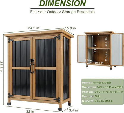 Ketive Outdoor Storage Cabinet, Wood & Metal Small Garden Tool Storage Cabinet - Image 4