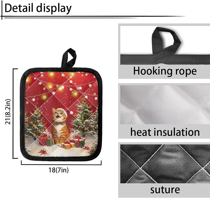 4Pcs Christmas Cute Cat Trees Stars Lights Red Kitchen Pot Holders Heat - Image 3