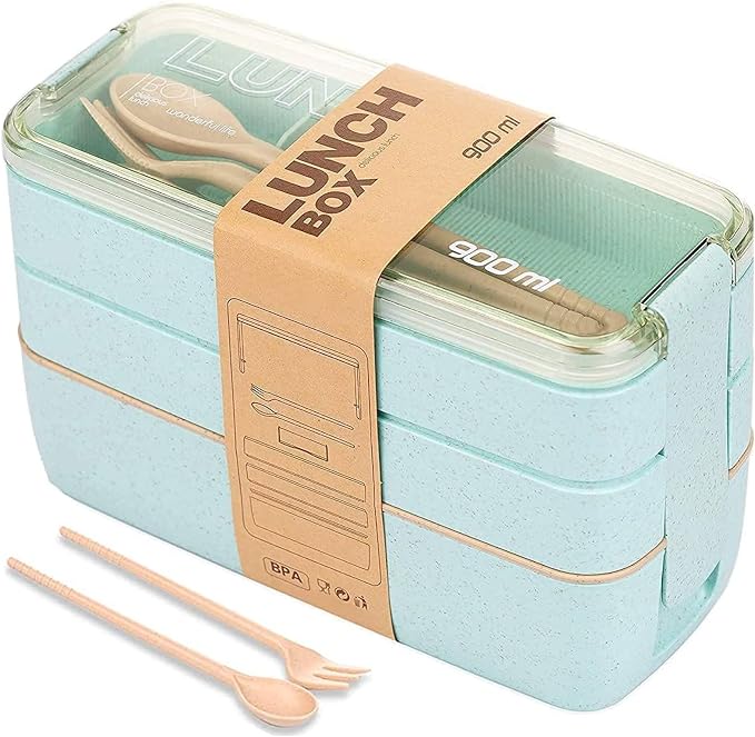 Rarapop Green Stackable Bento Lunch Box Kit, 3-In-1 Compartment Wheat Straw by Rarapop
