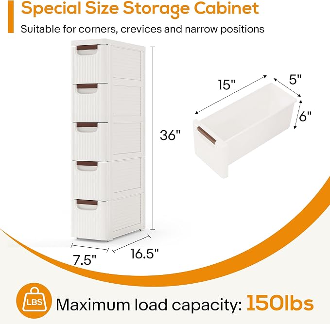 5 Drawers Slim Bathroom Storage Cabinet Dresser, Narrow Plastic Rolling Cart - Image 2