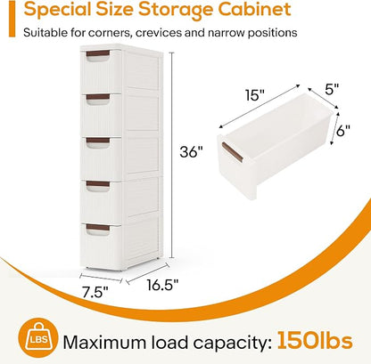 5 Drawers Slim Bathroom Storage Cabinet Dresser, Narrow Plastic Rolling Cart - Image 2
