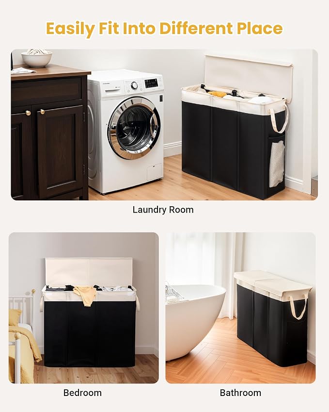 190L Laundry Hamper with Lid, Large Laundry Basket with Lid and 3 Section - Image 8