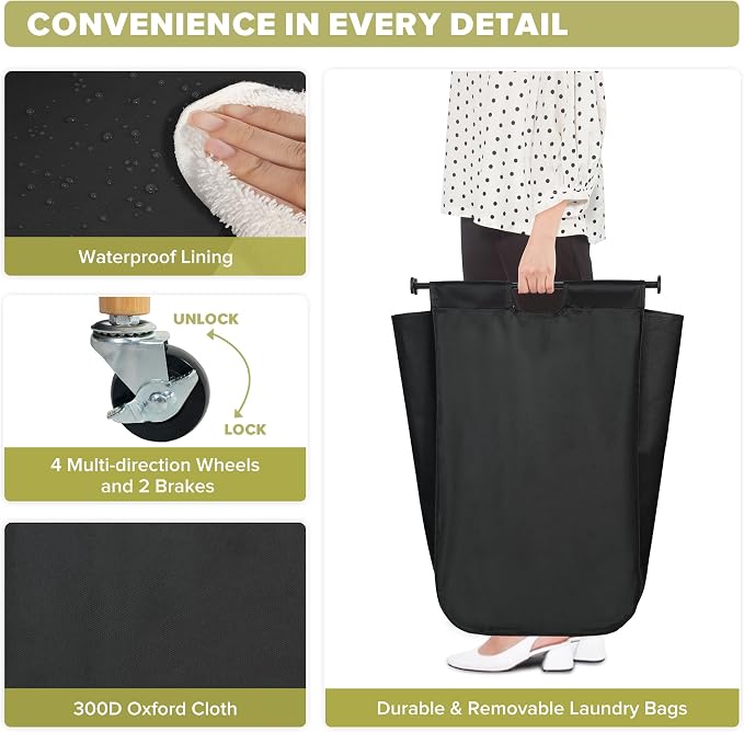 Laundry Sorter Hamper with Wheels, Heavy-Duty Laundry Basket Sorter Rolling - Image 4