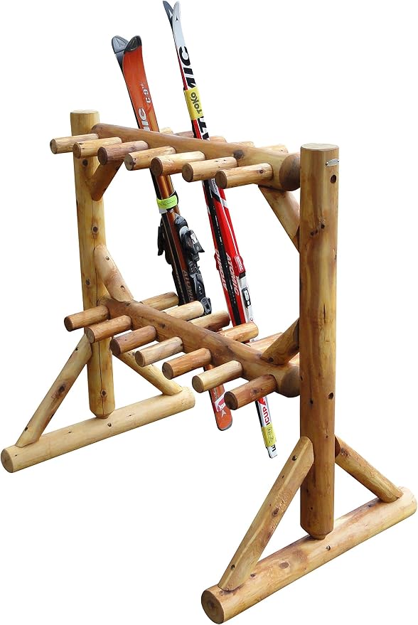 11-Place Freestanding Log Ski Rack Holder, Indoor & Outdoor Snowboard Racks - Image 4