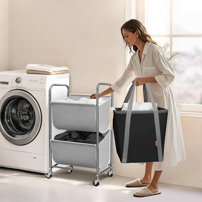 STORAGE MANIAC 80 Liters Vertical Rolling Laundry Hamper, 2 Section Laundry - Image 2