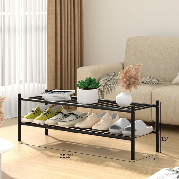 2-Tier Bamboo Long Shoe Rack, Free Standing Wood Shoe Shelf Storage Organizer - Image 3