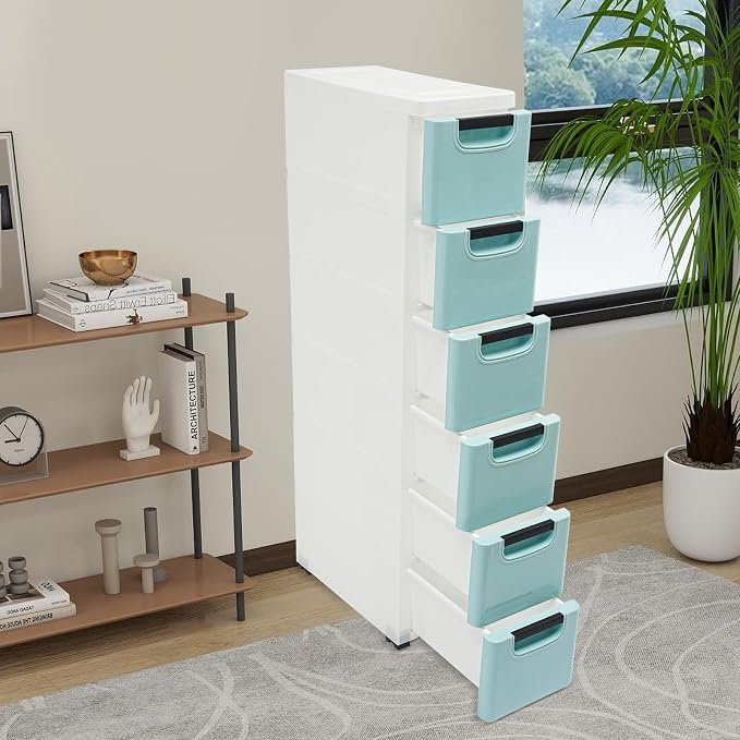 6 Drawers Plastic Storage Cabinet, Mobile Slim Utility Cart on Wheels, - Image 3
