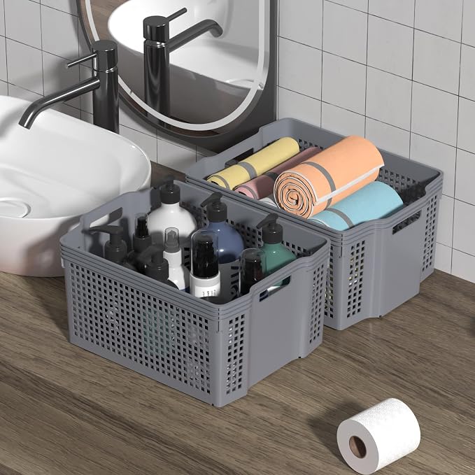 12-Pack Large Plastic Storage Baskets, Deep Stacking Storage Basket Bin - Image 4