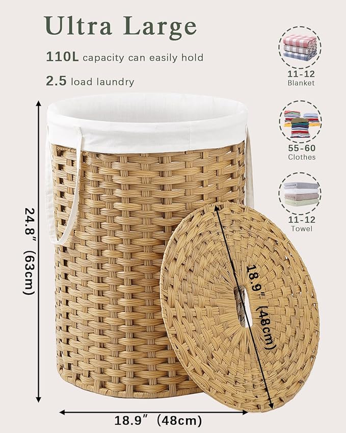 Laundry Basket with Lid Round Rattan Laundry Hamper with Lid and Handles 29.1 - Image 4