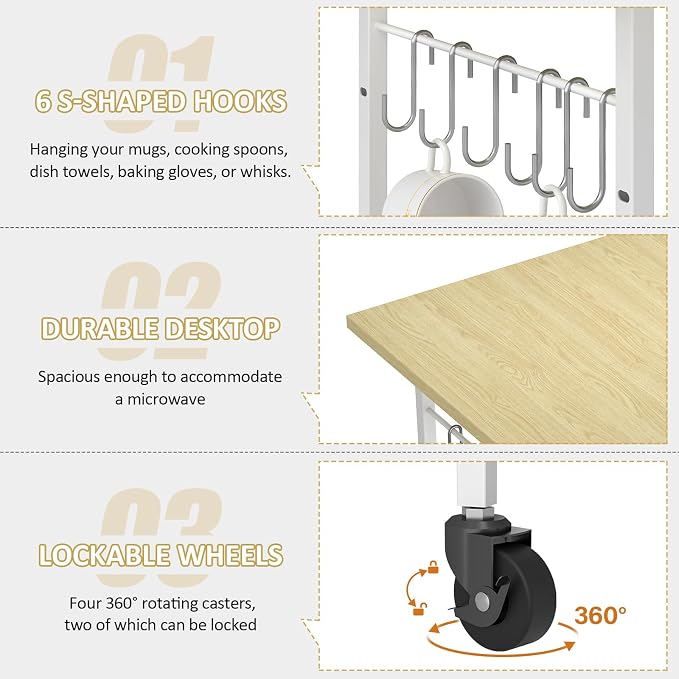 Rolling Kitchen Microwave Cart, 3 Tier Microwave Table Stand - Image 4