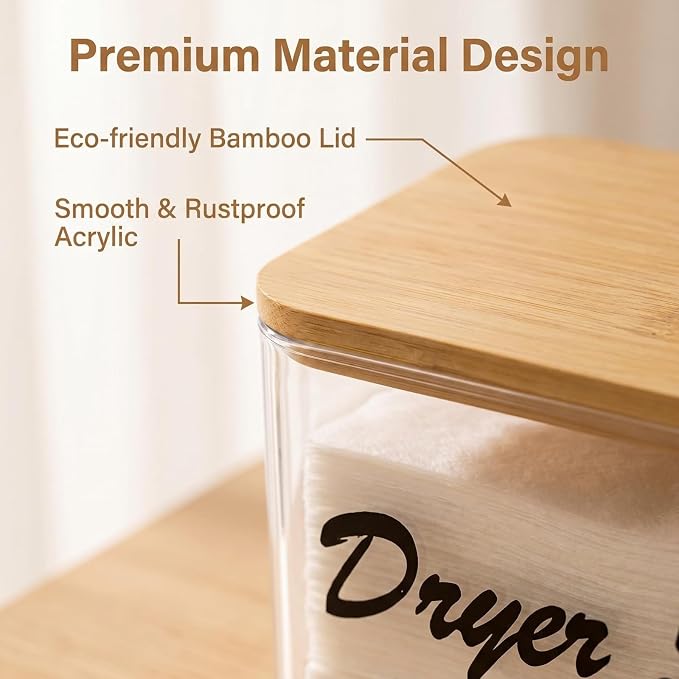 Dryer Sheet Holder with Bamboo Lid, Acrylic Laundry Clear Dryer Sheets - Image 4
