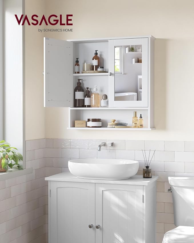 VASAGLE Bathroom Cabinet with Mirror, Wall Cabinet with 2 Mirrored Doors - Image 2