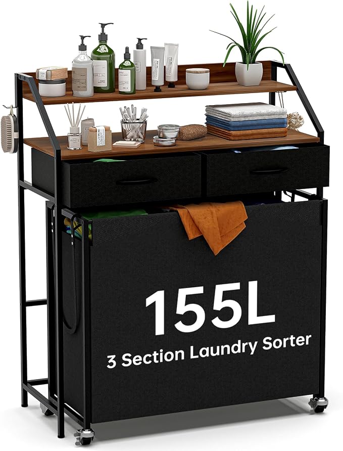 2 Tier Laundry Sorter with 3 Section Pull Out Bags Rolling Laundry Basket by NATURESSOURCE