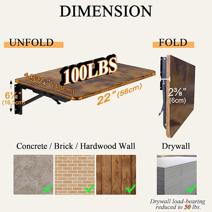 TEAMIX Wall Mounted Folding Table, Rustic Brown Floating Desk - Image 4