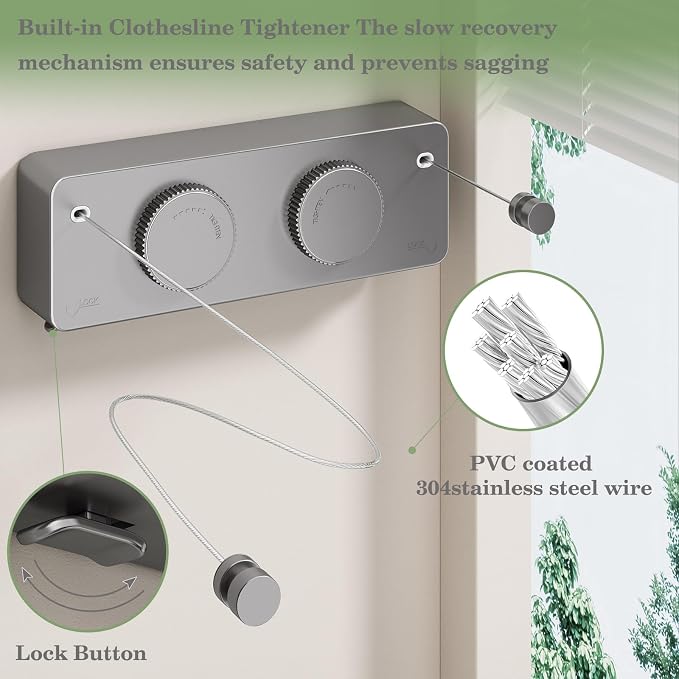 Danpoo Retractable Clothesline, Anti-Sag Adjustable Knob Heavy-Duty Clothes Line - Image 2