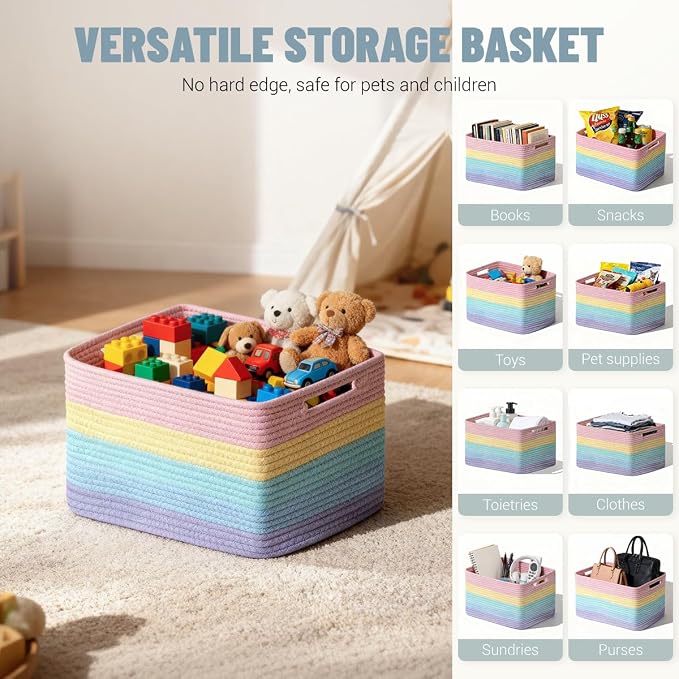 5 Pack Rainbow Woven Storage Baskets - Image 4
