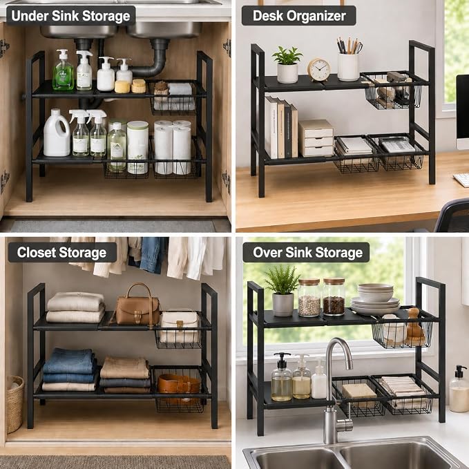 Expandable Under Sink Organizer, 2 Tier Under Sink Shelf, Height Adjustment - Image 7