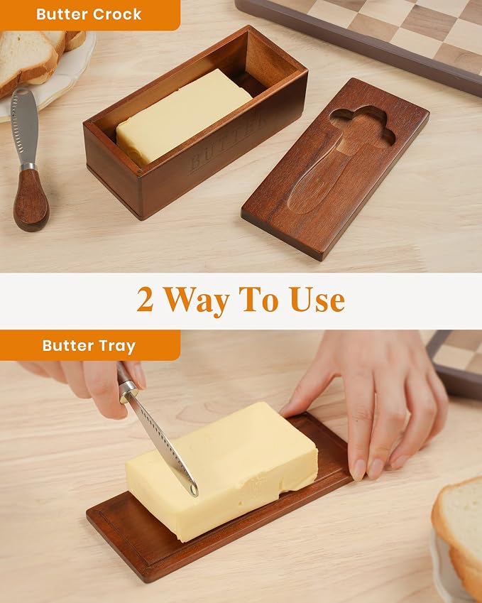 Butter Dish with Magnetic Lid, Acacia Wood Butter Keeper With Knife, Detachable - Image 5