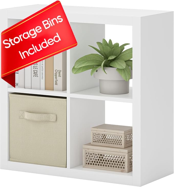furtble Bookshelf with Storage Bin, 4-Cube Storage Organizer, Modern Wood Open by furtble