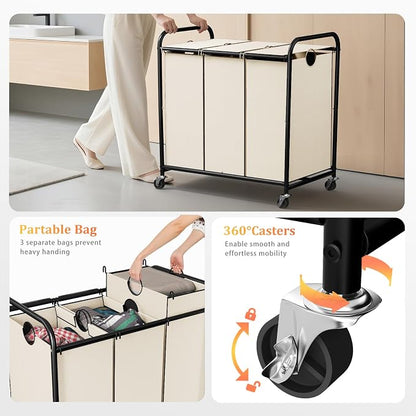 180L Laundry Sorter 3 Section, Rolling Laundry Basket - Image 3