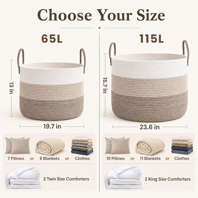 JMvicyroam 115L Extra Large Machine Washable Cotton Rope Blanket Basket | - Image 4
