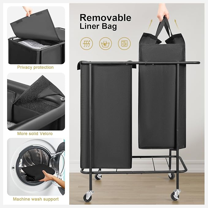 Double Laundry Hamper with Wheels, 200L Rolling Laundry Basket 2 Section with - Image 4