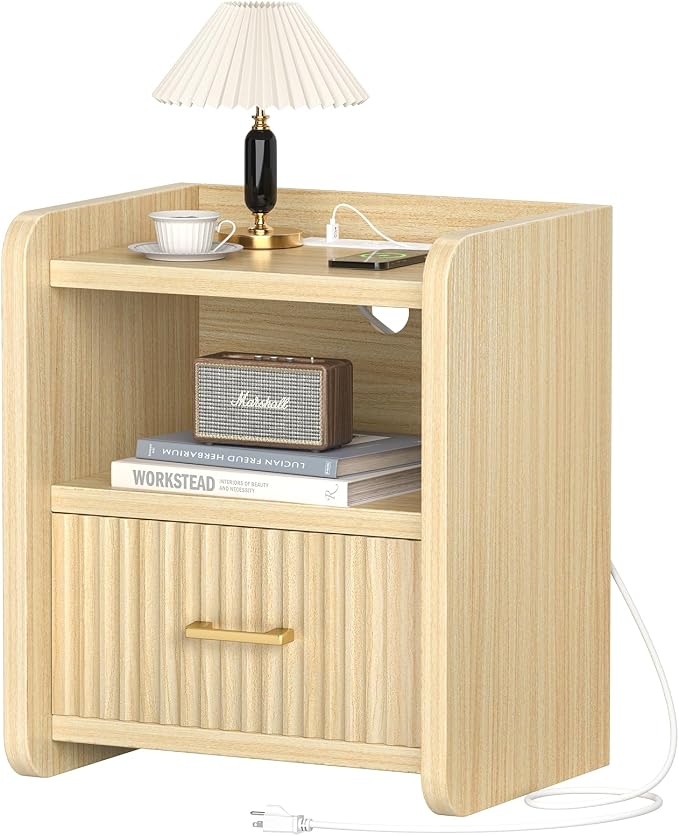 Night Stand with Charger Station, Fluted Wood Nightstand with Drawer Storage - Image 9