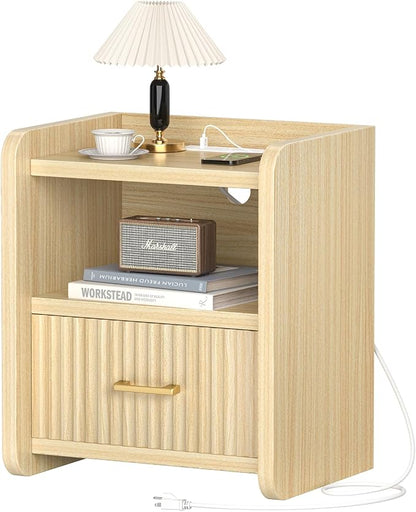Night Stand with Charger Station, Fluted Wood Nightstand with Drawer Storage - Image 9