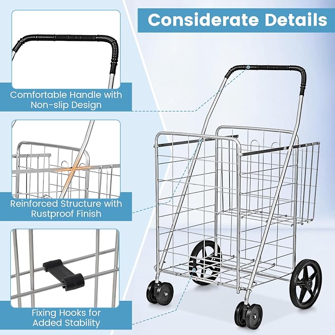 COSTWAY Folding Shopping Cart, Metal Grocery Cart - Image 5