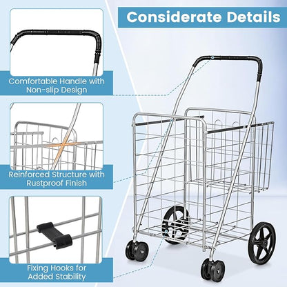 COSTWAY Folding Shopping Cart, Metal Grocery Cart - Image 5