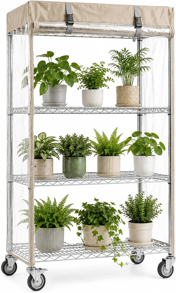 4-Tier Wire Shelf with Clear Cover, leveling feet, adjustable shelves, and by Ximbanok